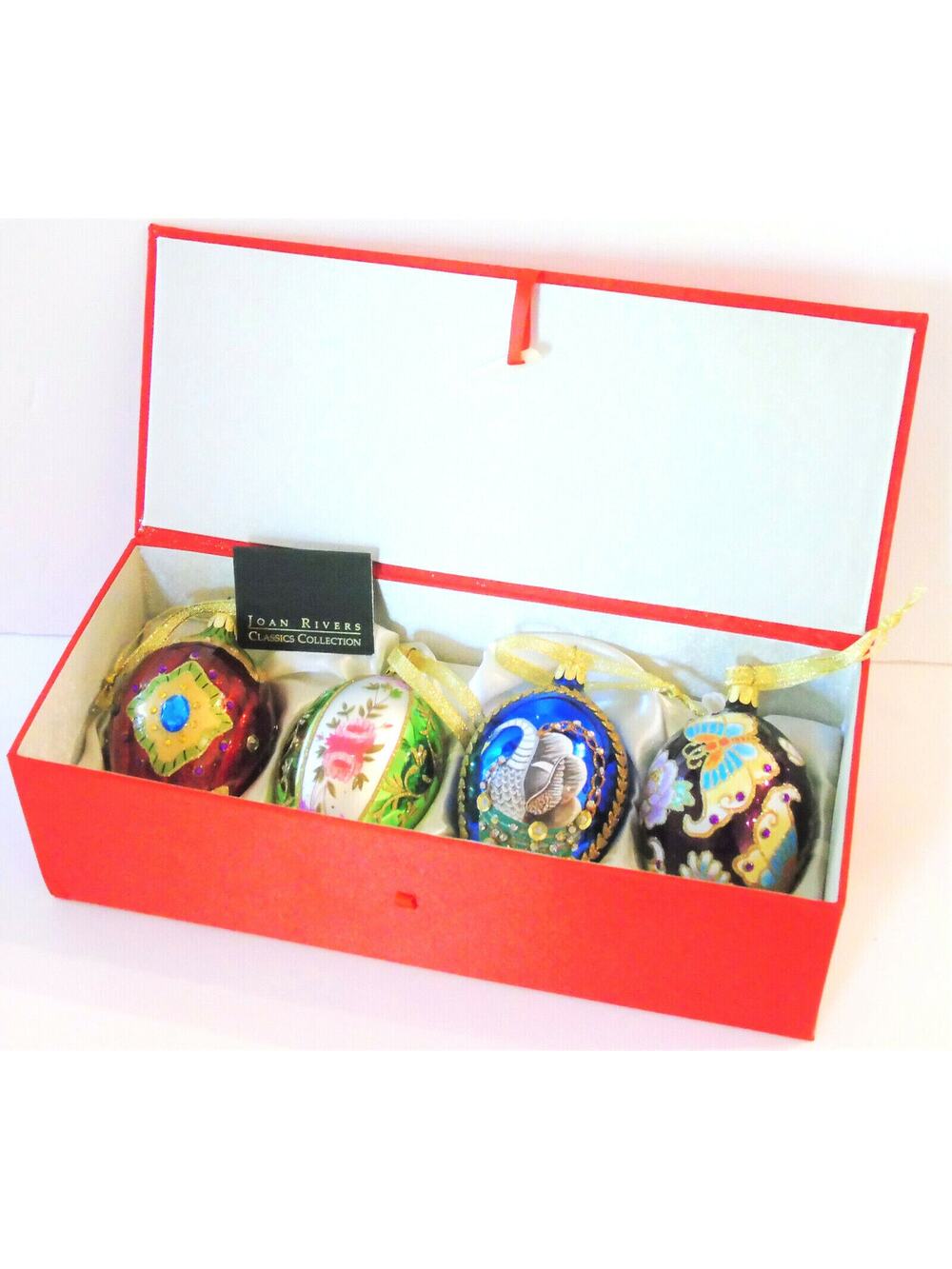 Joan Rivers Glass Easter Egg Set 4 Russian Ornaments 4" Jeweled Swan Butterflies